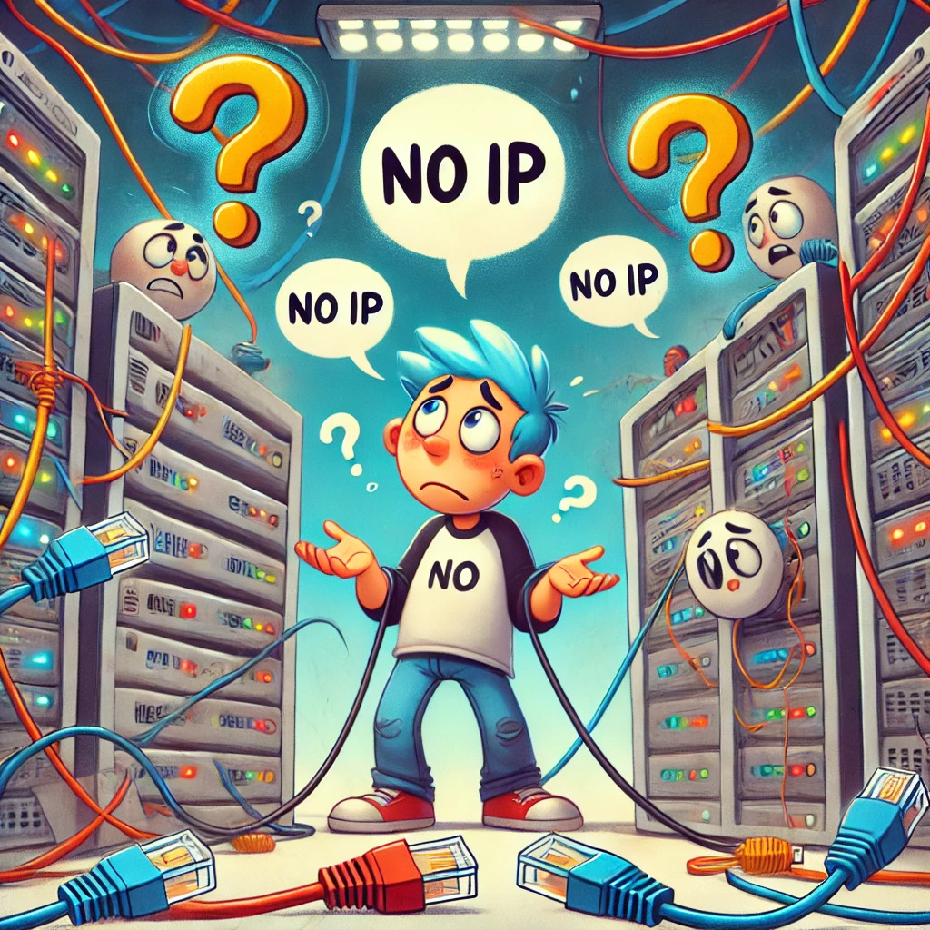 Eine humorvolle Illustration von Cartoon-Servern in einem Rechenzentrum. Die Server wirken verwirrt, da sie keine IP-Adressen haben. Einer hält ein Schild mit der Aufschrift 'No IP', ein anderer hat ein Fragezeichen über sich, und ein dritter ist in Ethernet-Kabeln verheddert. Im Hintergrund sind verspielte Computergeräte mit blinkenden Lichtern zu sehen. Die Szene vermittelt auf witzige Weise die Frustration bei Netzwerkproblemen.