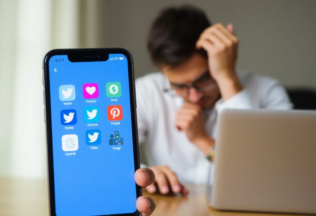 Ein Smartphone zeigt verschiedene Social-Media-Apps wie Twitter, Pinterest und andere, während eine Person im Hintergrund am Laptop sitzt und nachdenklich wirkt. Das Bild thematisiert die Entscheidung über den Kauf von Abonnenten, Followern oder Likes in sozialen Netzwerken.