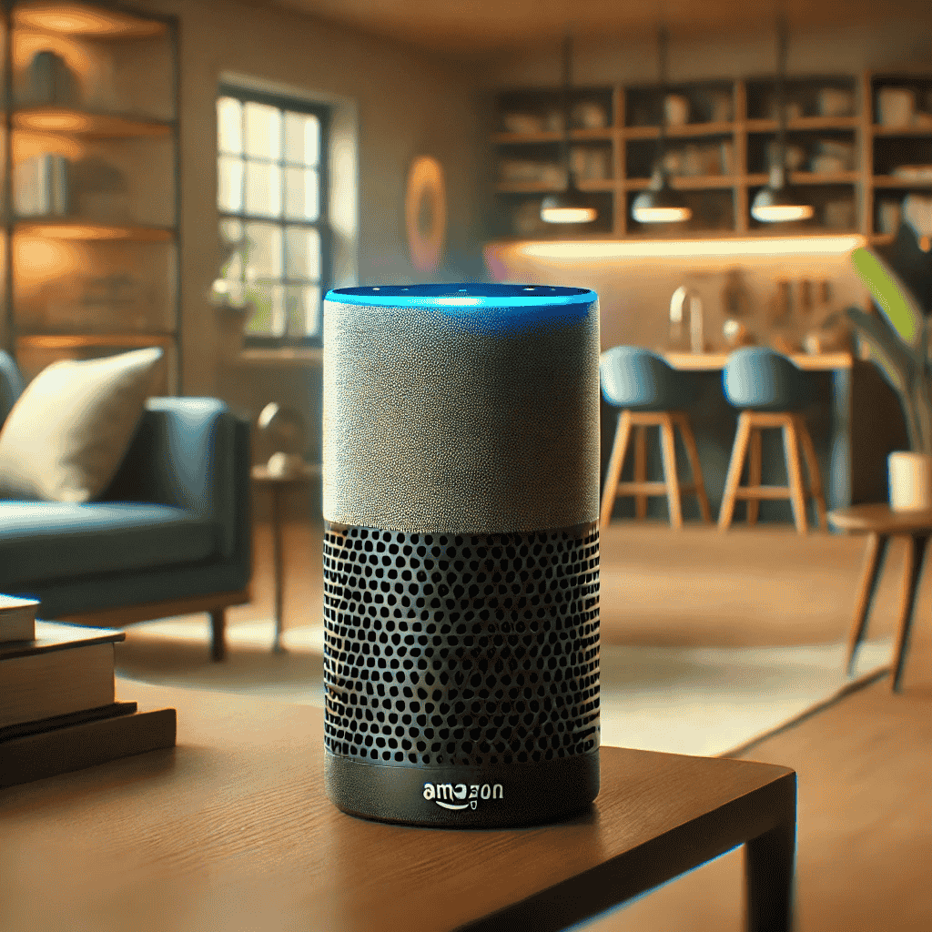 © Amazon // Amazon Echo mit blauem Leuchtring auf einem modernen Tisch in gemütlicher Wohnzimmer-Atmosphäre.