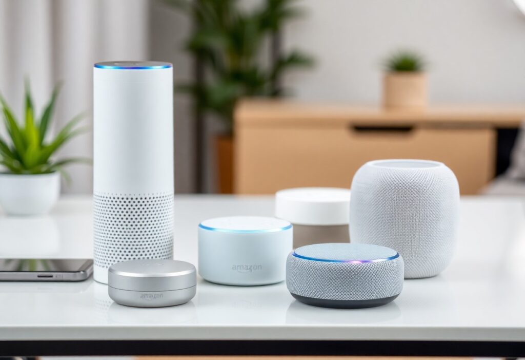 Eine Auswahl an Amazon Echo- und Alexa-fähigen Geräten, elegant auf einem weißen Tisch arrangiert. Perfekte smarte Begleiter für das moderne Zuhause.