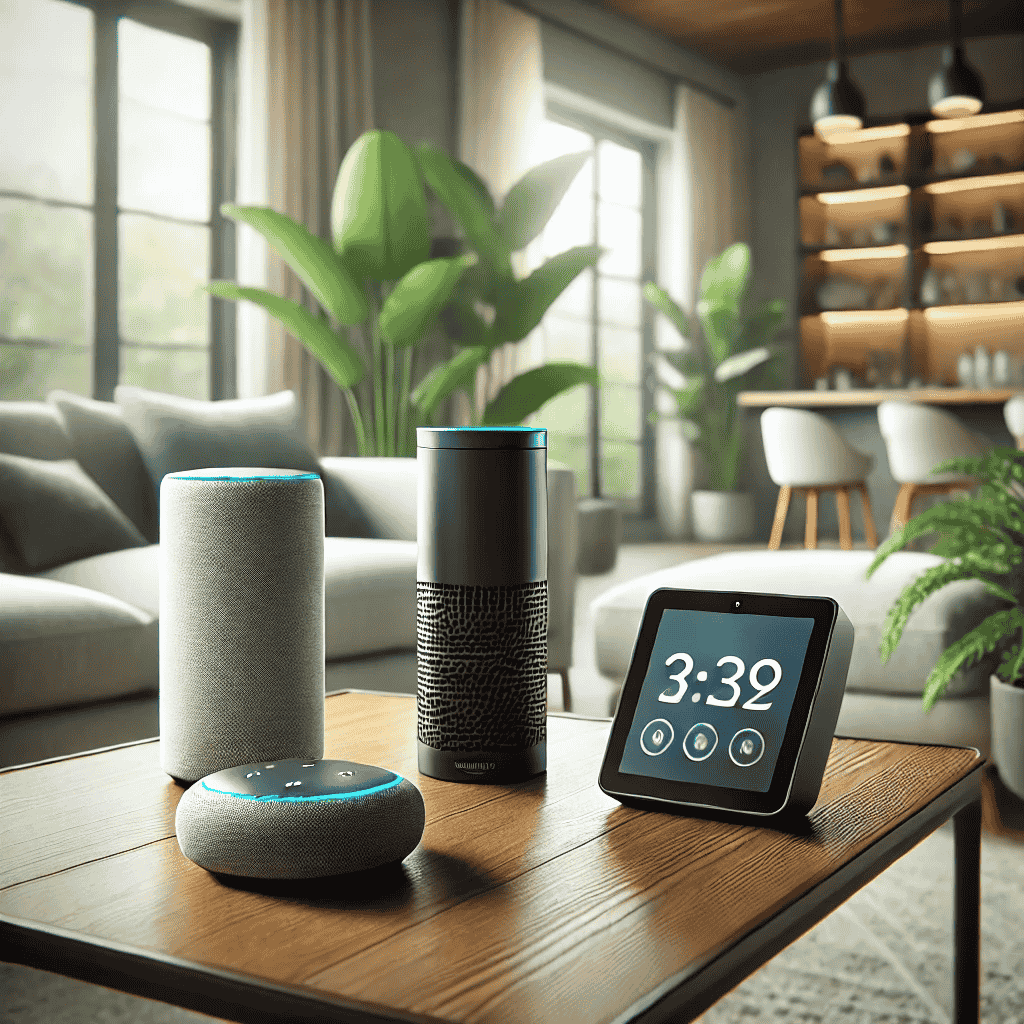 Das Bild zeigt stilvoll platzierte Amazon Smart-Home-Geräte wie den Echo Dot auf einem eleganten Holztisch, umgeben von moderner Einrichtung und sanftem Licht – perfekt integriert in ein gemütliches Wohnzimmer.