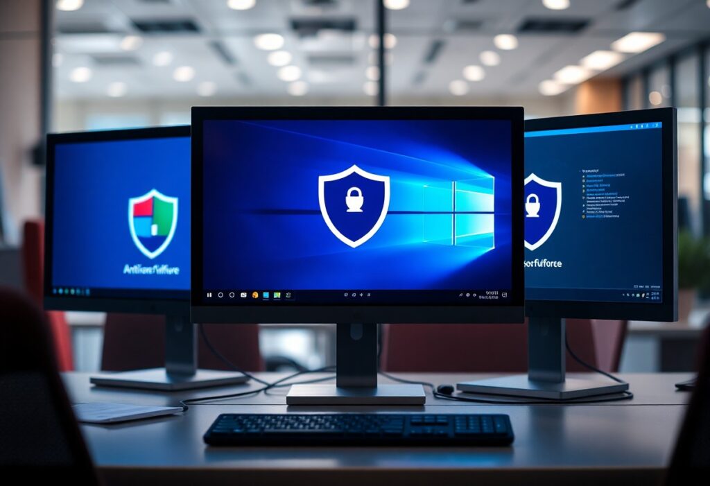 Ein modernes Büro mit drei Monitoren, auf denen Sicherheitssoftware-Logos und Symbole angezeigt werden. Der zentrale Bildschirm zeigt ein blaues Interface mit einem großen Schildsymbol und einem Schloss in der Mitte, das für digitalen Schutz und Sicherheit steht. Im Hintergrund sind zwei weitere Bildschirme sichtbar, die ähnliche Sicherheitsdesigns anzeigen. Das Bild vermittelt ein Gefühl von moderner Cybersecurity und einem sicheren digitalen Arbeitsplatz. Perfekt, um die Bedeutung von Antiviren-Programmen zu betonen.