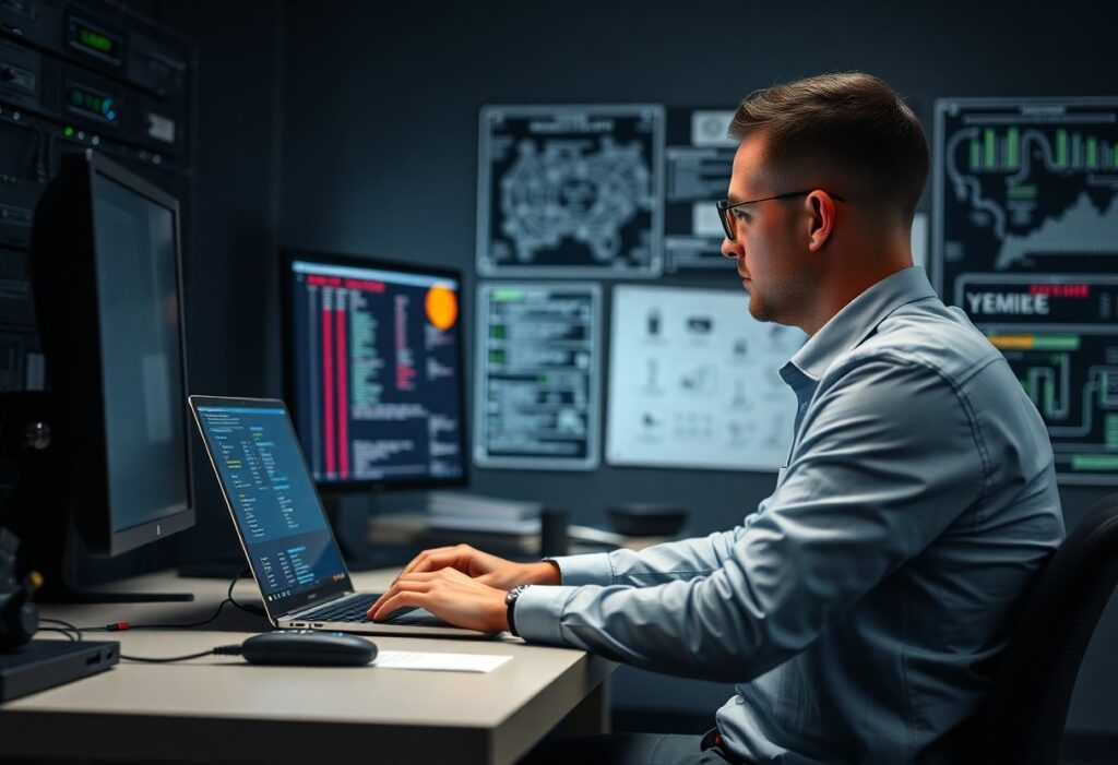 Ein IT-Sicherheitsspezialist sitzt an einem Schreibtisch und konfiguriert eine Firewall auf seinem Laptop. Im Hintergrund sind mehrere Monitore mit Netzwerkdiagrammen und Sicherheitsdaten zu sehen. Der Raum ist in einem professionellen und modernen Stil eingerichtet, was auf eine konzentrierte Arbeitsumgebung hinweist.