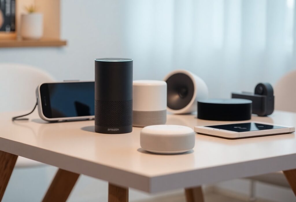 Verschiedene Amazon Echo- und Alexa-Geräte in Schwarz-Weiß-Tönen auf einem stilvollen Tisch, ideal für smarte Lösungen im Alltag.