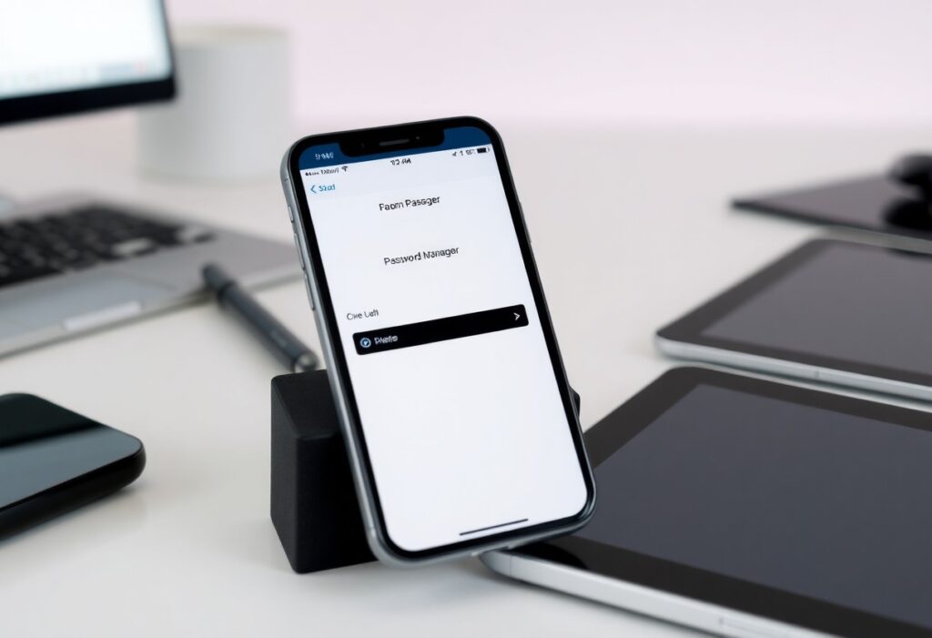 Smartphone auf einem Schreibtisch, das eine geöffnete Passwort-Manager-App zeigt, umgeben von mehreren technischen Geräten wie Laptop und Tablets. Darstellung von moderner Technologie und Passwortsicherheit.