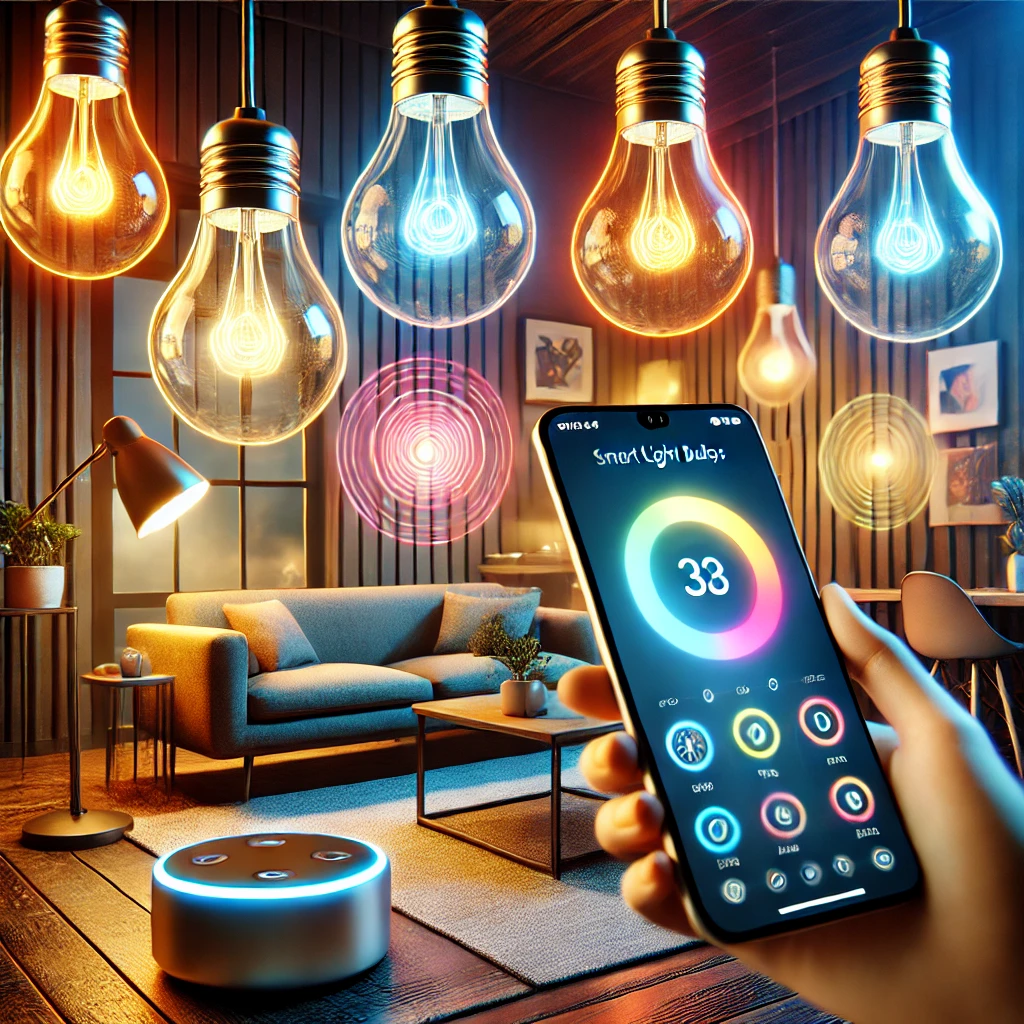 Smarte Glühbirnen in einem modernen Wohnzimmer, die über eine Smartphone-App gesteuert werden, mit verschiedenen Farben und futuristischen Smart-Home-Geräten.
