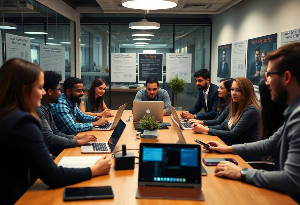 Ein Team von Mitarbeitenden sitzt in einem Konferenzraum an einem Holztisch und arbeitet gemeinsam mit Laptops und Tablets. Im Hintergrund hängen Poster zu Social-Engineering-Themen und Präventionsstrategien. Der Fokus des Teams liegt auf der Entwicklung von Sicherheitslösungen.