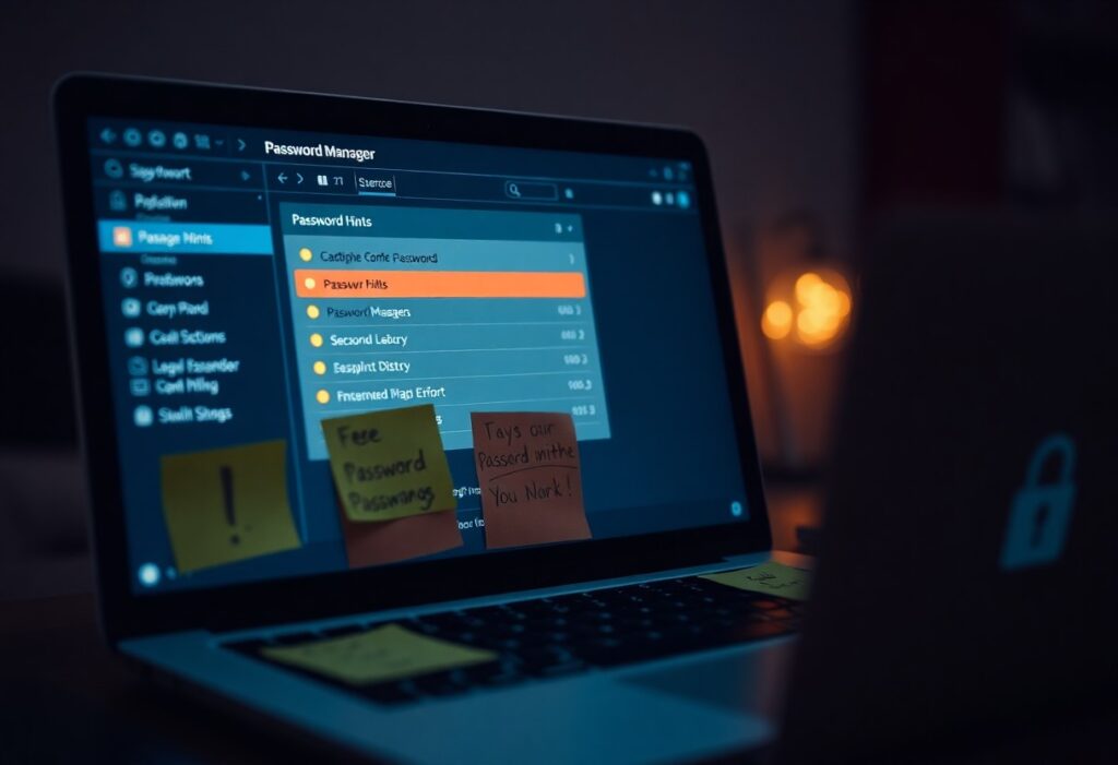 Ein Laptop mit einem geöffneten Passwort-Manager auf dem Bildschirm. Die Benutzeroberfläche zeigt eine Liste von Passwort-Hinweisen. Auf dem Laptop befinden sich mehrere Notizzettel, darunter einer mit dem Text 'Free Password Passages'. Im Hintergrund ist eine verschwommene, warme Lichtquelle sichtbar, die für eine leicht düstere Stimmung sorgt.
