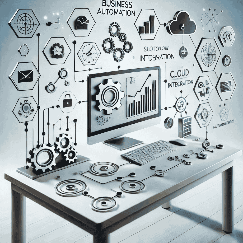 Illustration zu Business Automations: Interaktive Symbole wie Zahnräder, Cloud-Integration und Workflow-Diagramme zeigen vernetzte Automationsprozesse. Ein moderner Arbeitsplatz mit Computer, auf dem automatisierte Geschäftsprozesse visualisiert sind, steht im Mittelpunkt. Die helle, minimalistische Gestaltung betont Effizienz, Innovation und Produktivität.