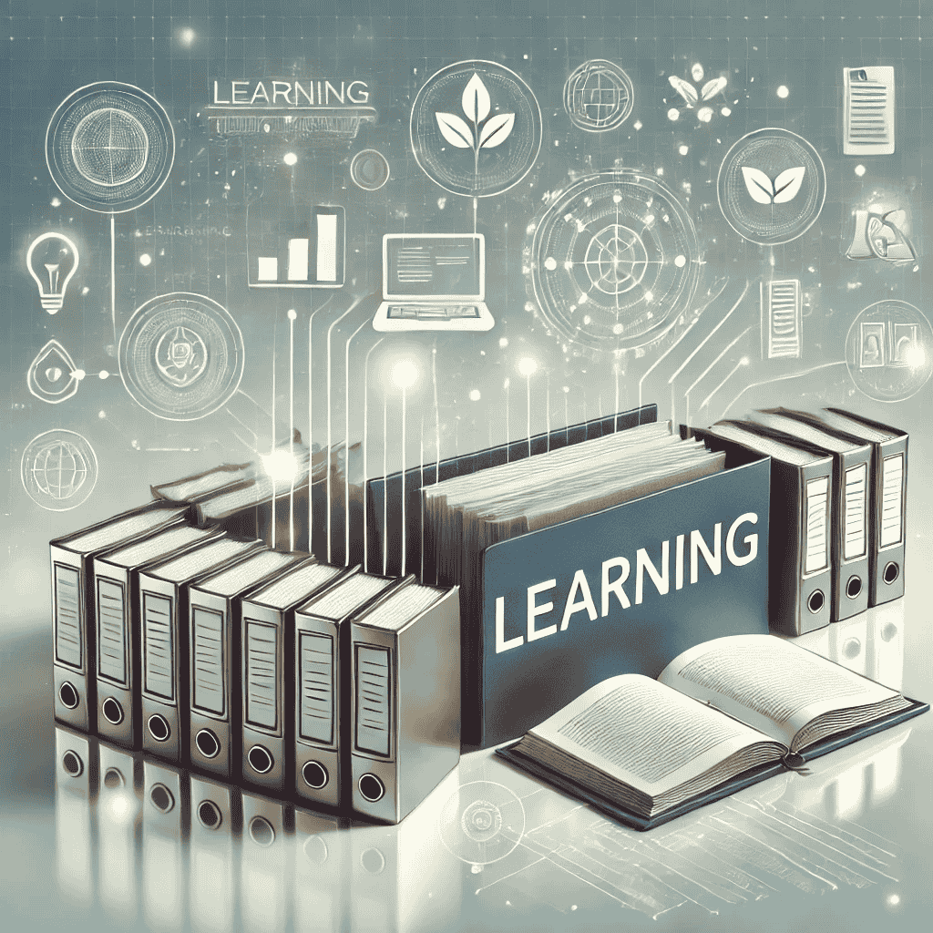 Illustration einer modernen digitalen Archivseite mit dem Schwerpunkt auf 'Learning'. Die Darstellung zeigt organisierte Ordner und Bücher, beschriftet mit dem Begriff 'Learning', sowie Symbole, die Wachstum, Wissen und Innovation repräsentieren. Im Hintergrund sind dezente, abstrakte Elemente wie sanfte Farbverläufe und geometrische Formen zu sehen, die Professionalität und Kreativität vermitteln.