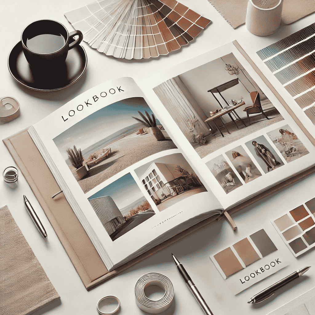 Ein modernes Bild zur Lookbook-Erstellung: Ein aufgeschlagenes Lookbook mit stilvollen Fotografien und klaren Layouts liegt auf einem eleganten Schreibtisch. Daneben befinden sich ein Stift, Farbmuster und eine Tasse Kaffee, die Kreativität und Professionalität symbolisieren. Der Hintergrund ist schlicht weiß mit weichen Schatten, was Ästhetik und Eleganz betont.