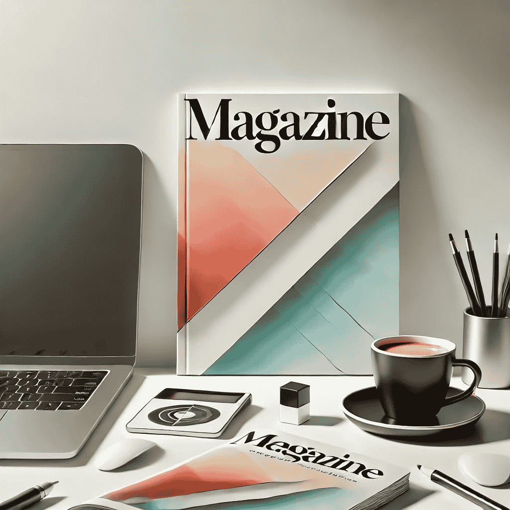 Ein professionelles Bild zur Magazinerstellung: Ein geschlossenes Magazin mit einem stilvollen, farbigen Cover liegt auf einem sauberen Schreibtisch. Daneben befinden sich ein Laptop und eine Tasse Kaffee, die einen kreativen Arbeitsbereich symbolisieren. Der weiße Hintergrund mit dezenten Schatten vermittelt Modernität und Eleganz.