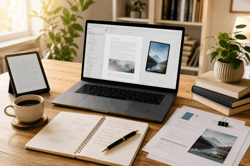 Laptop mit geöffnetem E-Book-Entwurf, Notizbuch mit Gliederung, E-Reader, Kaffee und Manuskriptseiten auf einem hellen Schreibtisch als Symbol für Planung und Schreiben eines eigenen E-Books.