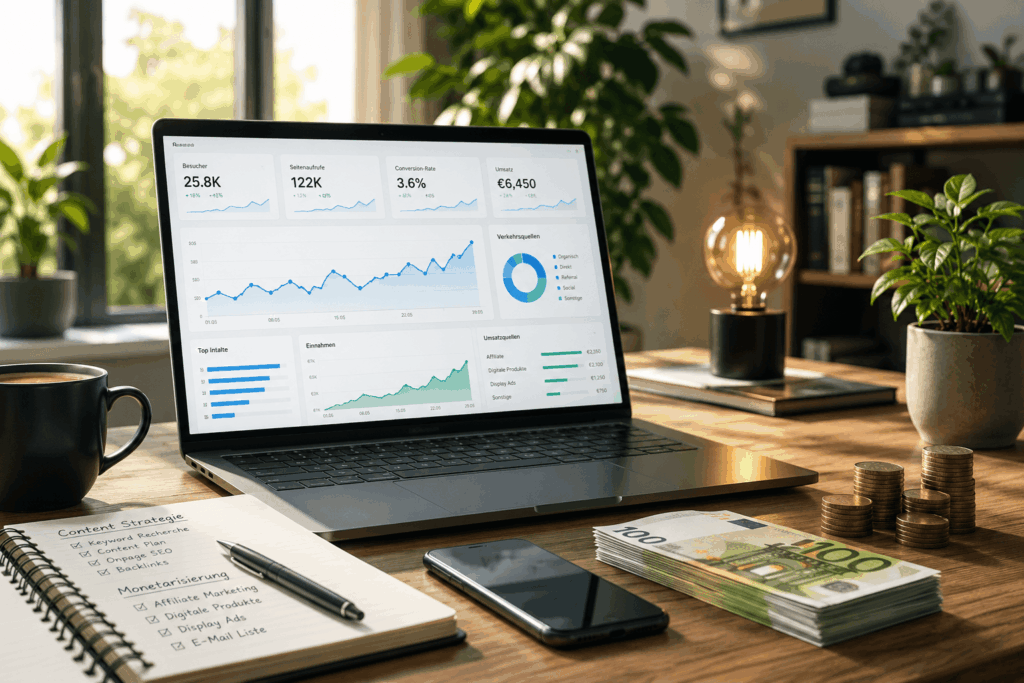 Laptop mit Website-Analytics-Dashboard, steigenden Umsatzkurven, SEO-Notizen, Euro-Geldscheinen und Münzen auf einem modernen Schreibtisch als Symbol für Einnahmen durch eigene Websites.